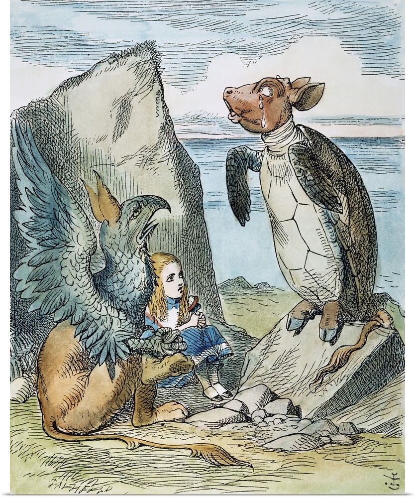 Alice and the Gryphon listen to the Mock Turtle's story. Wood engraving after Sir John Tenniel for the first edition of Le...