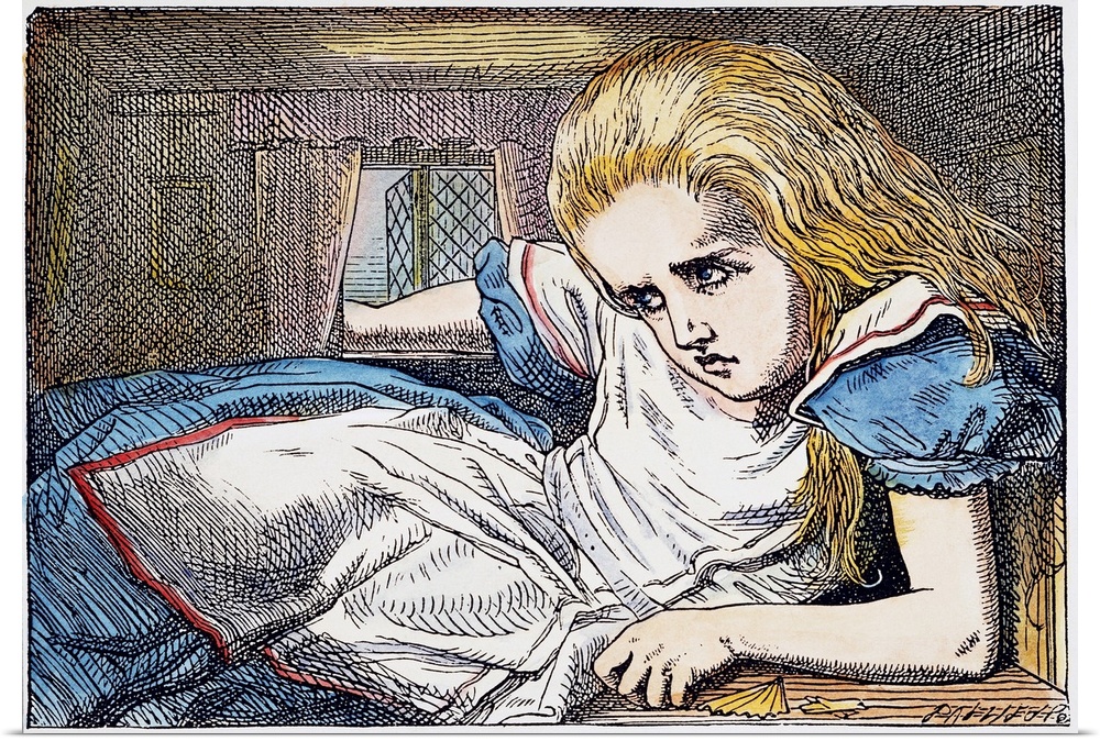 Alice grows out of the room. After the design by Sir John Tenniel for the first edition of Lewis Carroll's 'Alice's Advent...