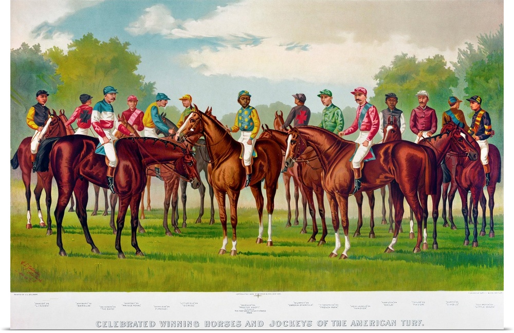 'Celebrated winning horses and jockeys of the American turf.' Lithograph by Currier and Ives, 1889.