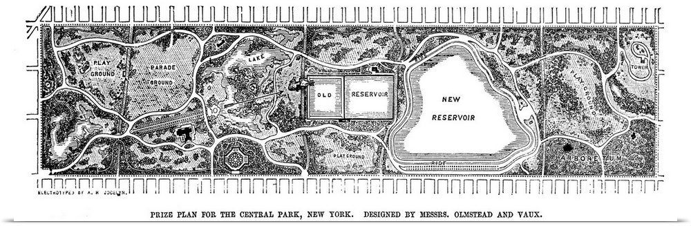 Frederick Law Olmstead and Calvin Vaux's prize plan for Central Park. Wood engraving from an American newspaper, May 1958.