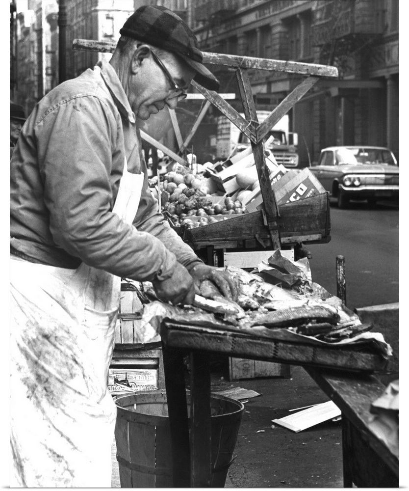 Charles Catalano cleaning fish at his pushcart on Hester Street and Mott Street in New York City. Photograph by Phyllis Tw...