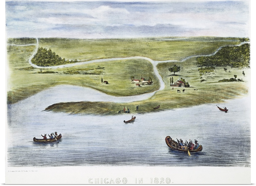 Chicago, 1820. Chicago As It Looked In 1820, With Jean Baptiste Pointe Du Sable's Somewhat Improved Cabin On the Right. Li...