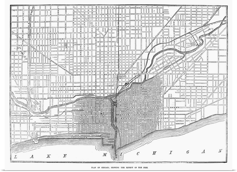 Chicago Fire Map, 1871. Plan Of Chicago Showing the Extent Of the Fire Of 8-10 October 1871. Wood Engraving From A Contemp...