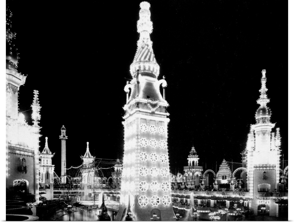 Luna Park amusement park at night, Coney Island, Brooklyn, New York. Photograph, 1905.