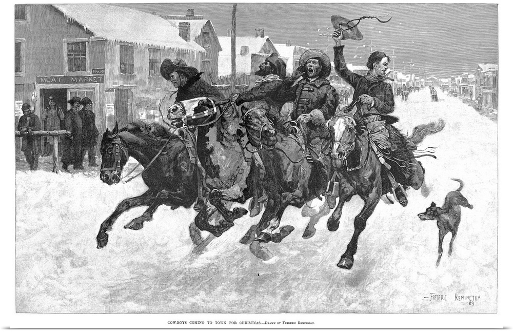 Cowboy Christmas, 1889. 'Cow-Boys Coming To Town For Christmas.' Engraving After A Drawing By Frederic Remington, 1889.