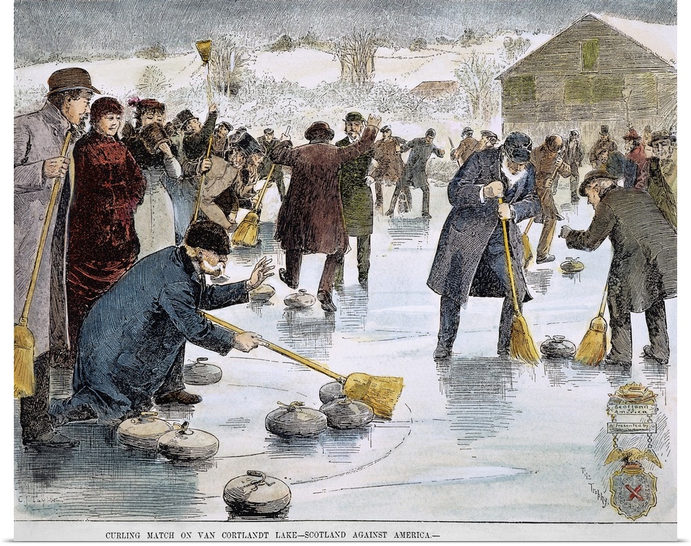 National title curling match-Scotland vs. America-on Van Cortlandt Lake in the Bronx: wood engraving, 1884.