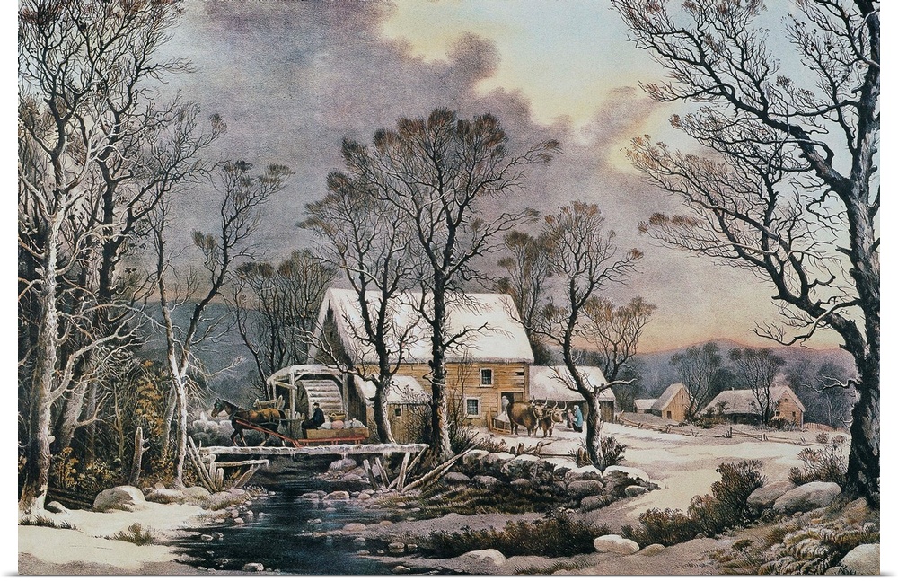 Currier and Ives, Winter Scene. 'Winter In the Country, the Old Grist Mill.' Lithograph, 1864, By Currier and Ives.