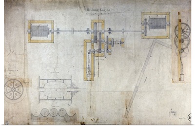 Diagram of the machinery for the construction of the Brooklyn Bridge, 1880