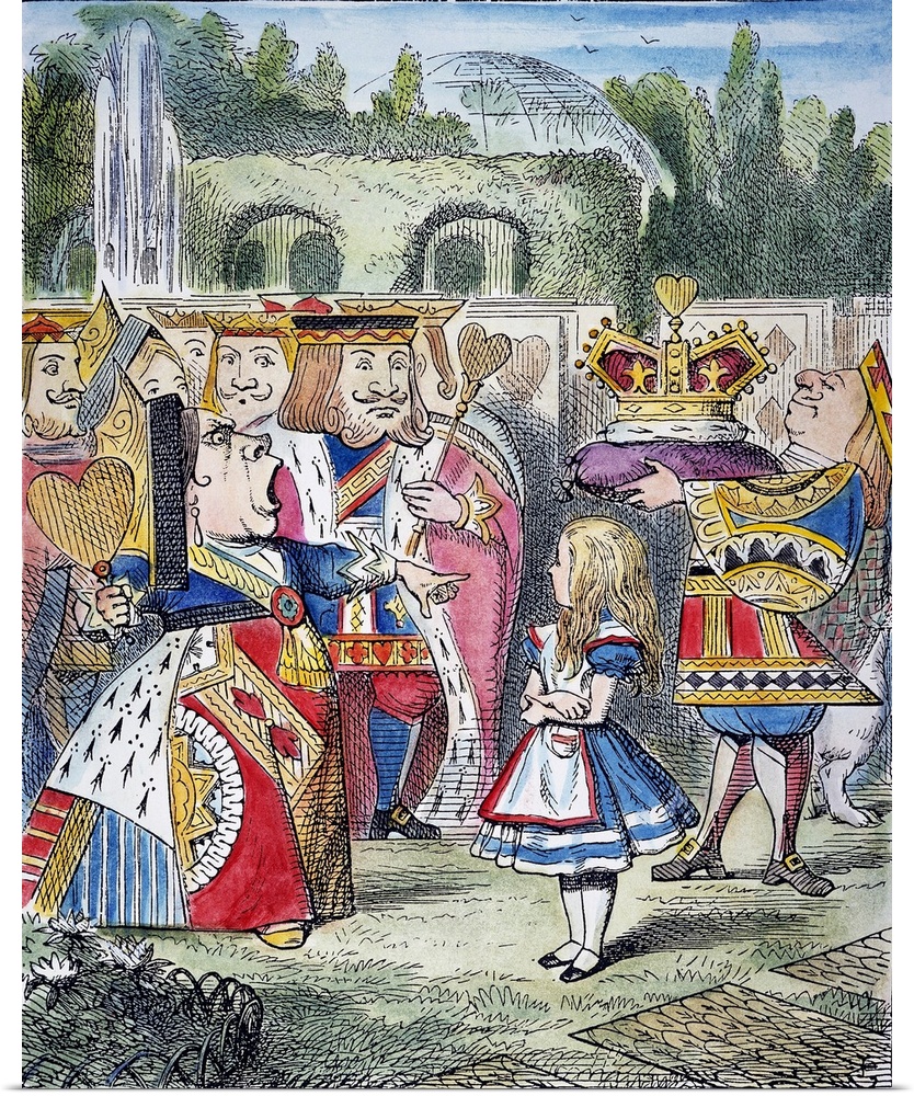 'Off with her head!' cried the Queen of Hearts. After the design by Sir John Tenniel for the first edition, 1865, of Lewis...