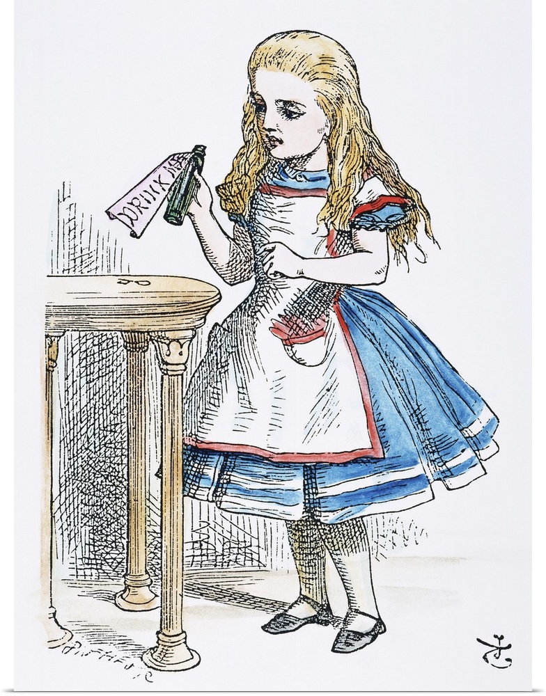 Alice finds the bottle labeled 'Drink Me.' After the design by Sir John Tenniel for the first edition, 1865, of Lewis Carr...