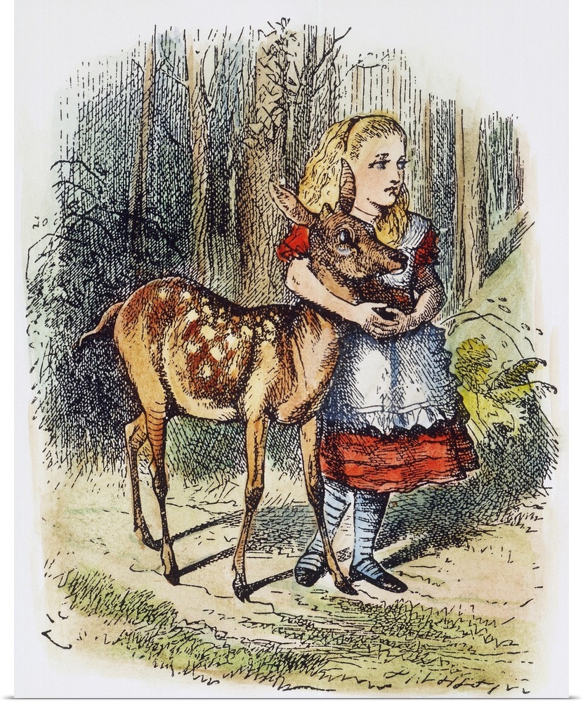 Alice and the fawn. Illustration by Sir John Tenniel from the first edition of Lewis Carroll's 'Through the Looking Glass,...