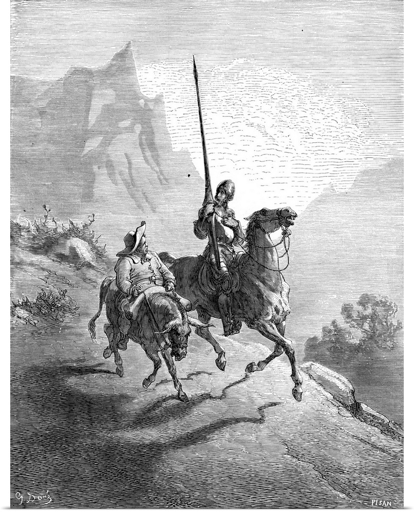 Don Quixote and Sancho Panza setting out at dawn in search of adventure: wood engraving after Gustave Dor?.