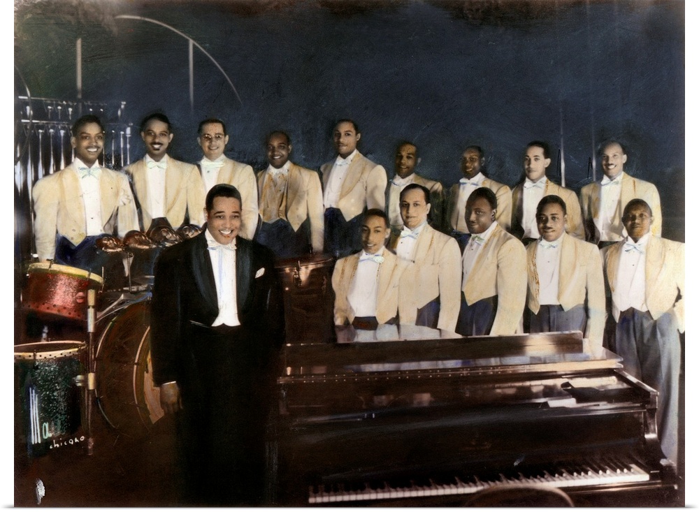 DUKE ELLINGTON (1899-1974).Duke Ellington with his orchestra. Oil over a photograph, 1937.