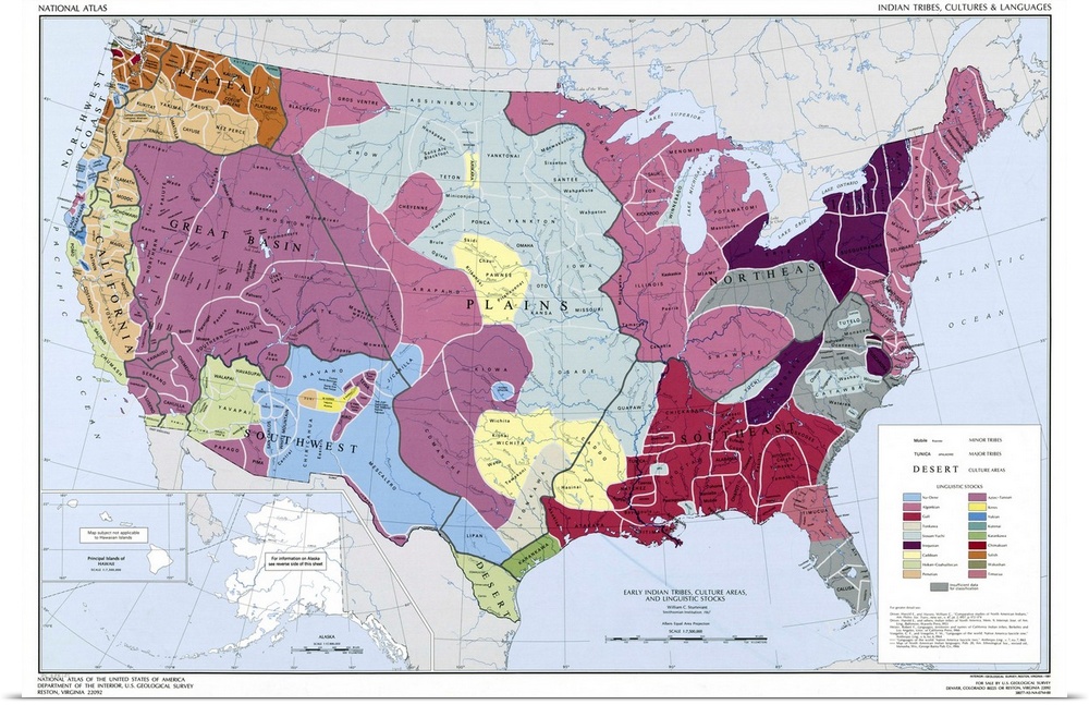 Map, American Indians. 'Early Indian Tribes, Culture Areas And Linguistic Stocks.' Map Compiled By William C. Sturtevant, ...