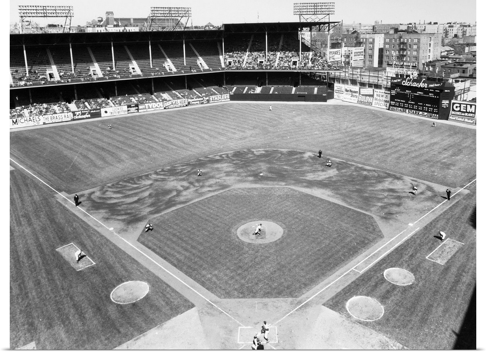 Aerial view of Ebbets Field in Brooklyn, New York, during an exhibition game between the New York Yankees (in the field) a...