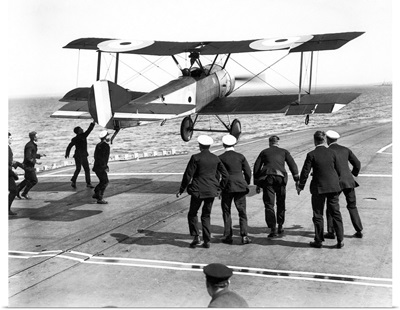 Edwin Harris Dunning landing his Sopwith Pup biplane on the HMS Furious