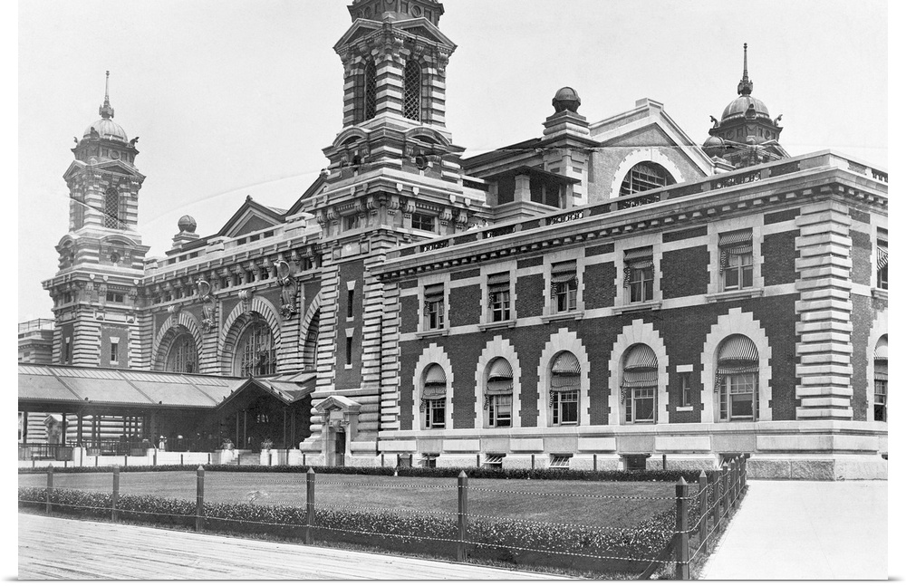 Partial view of the main building on Ellis Island, the immigration station in New York Harbor, c1920.