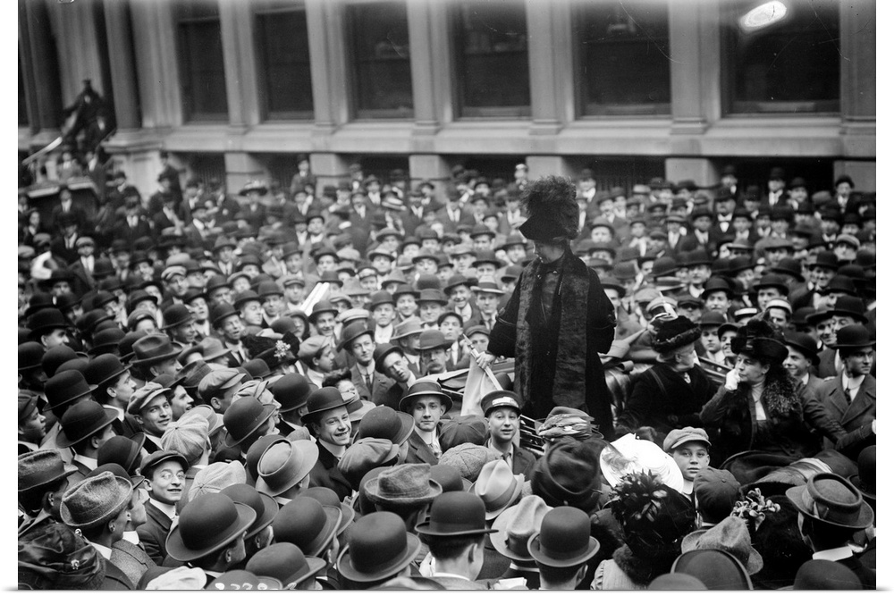 (1858-1928). English suffragette. Speaking at rally for women's suffrage on Wall Street. Photograph, 27 November 1911.