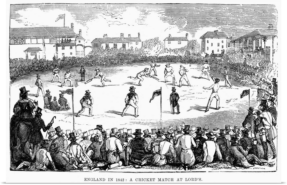 A cricket match at Lord's. Wood engraving, English, 1842.