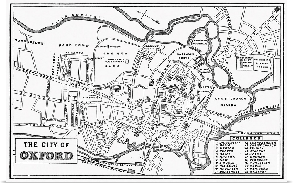 England, Map Of Oxford. Map Of Oxford, England, Including the Campus Of Oxford University, C1885.