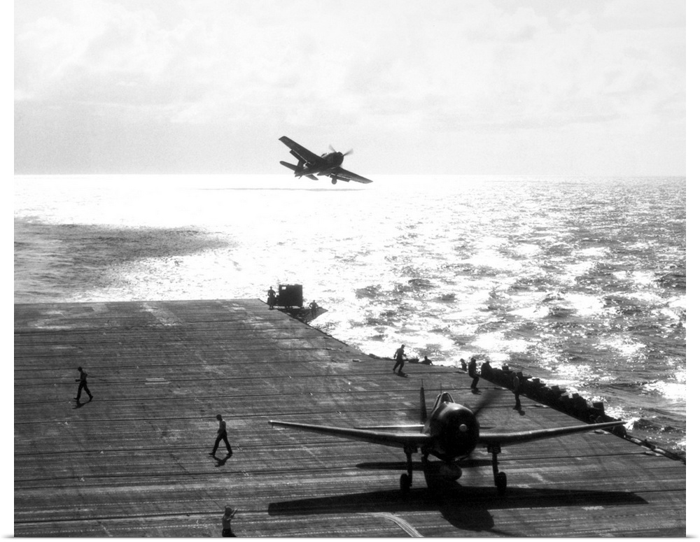 F6F Hellcats returning returning to a U.S. Navy aircraft carrier after a raid on Formosa, Taiwan, during World War II, c1943.