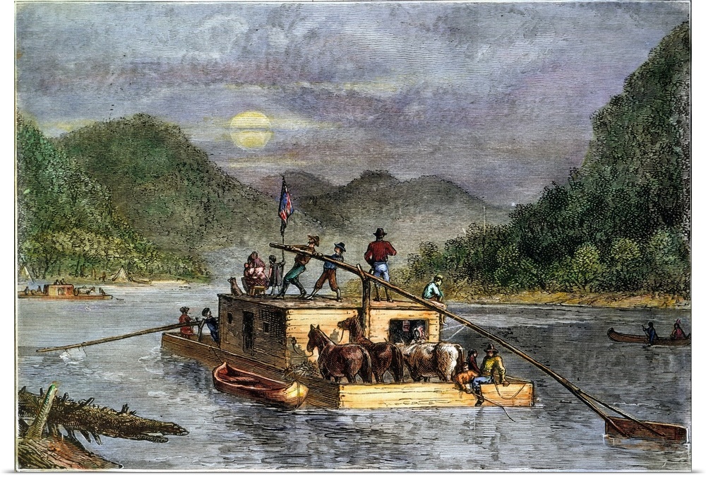 Flatboat, 19th Century. Emigrants Traveling By Flatboat On the Missouri River. Wood Engraving, American, 19th Century.
