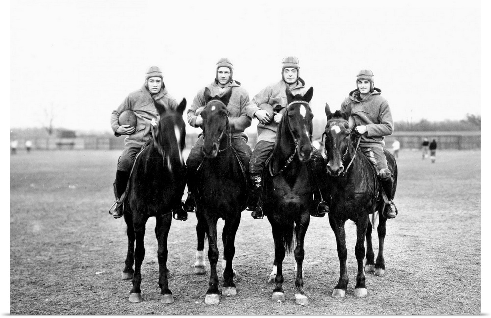 'The Four Horsemen,' the Notre Dame backfield of 1924 on horseback. Don Miller, Elmer Layden, Sleepy Crowley and Harry Stu...