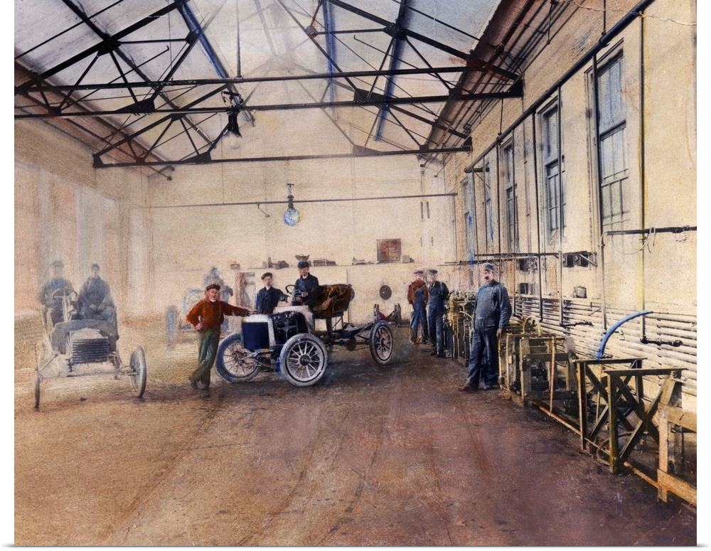 Testing at Henry Ford's Piquette plant c1905. Oil over photograph.