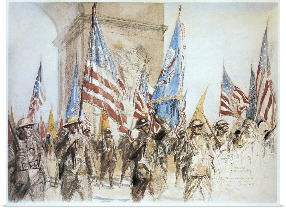 French and American troops marching near the Arc de Triomphe in Paris, on Bastille Day, 14 July 1919. Drawing by Charles F...