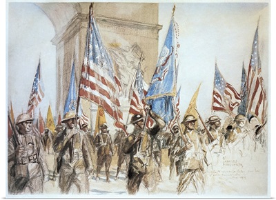 French and American troops marching near the Arc de Triomphe in Paris, on Bastille Day