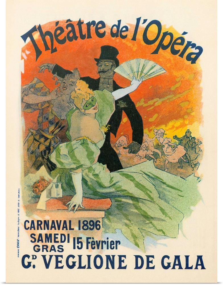 French poster for a costume gala at the Theatre de l'Opera in Paris, France. Lithograph by Jules Cheret, 1896.