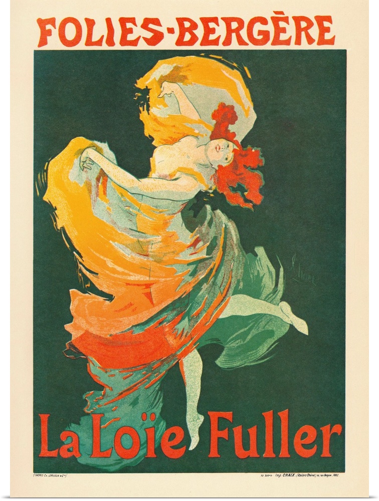French poster for Loie Fuller at the Folies Bergeres, in Paris, France. Lithograph by Jules Cheret, 1893.