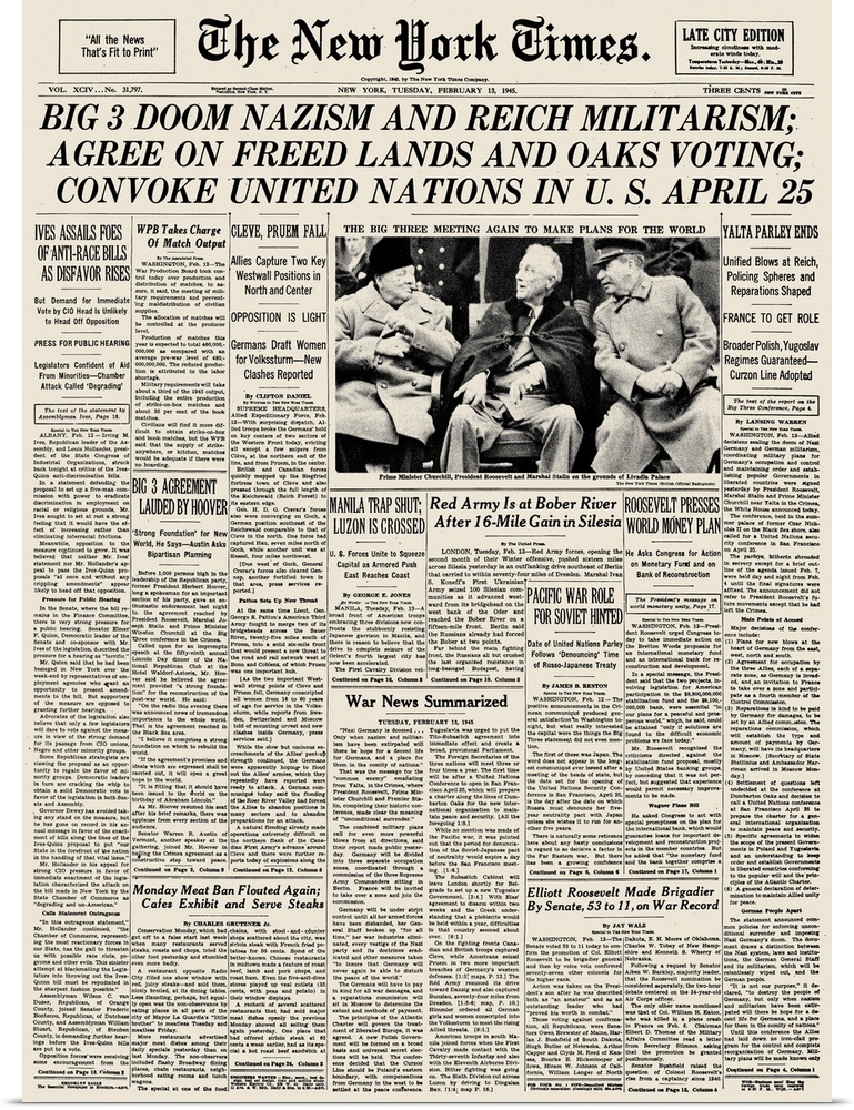 Front page of The New York Times, 13 February 1945, reporting on the Yalta Conference towards the end of World War II in E...