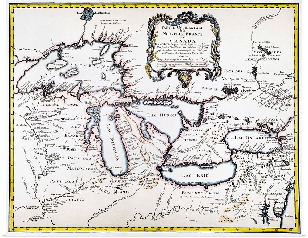 Great Lakes Map, 1755. French Engraved Map Of the Great Lakes, 1755.