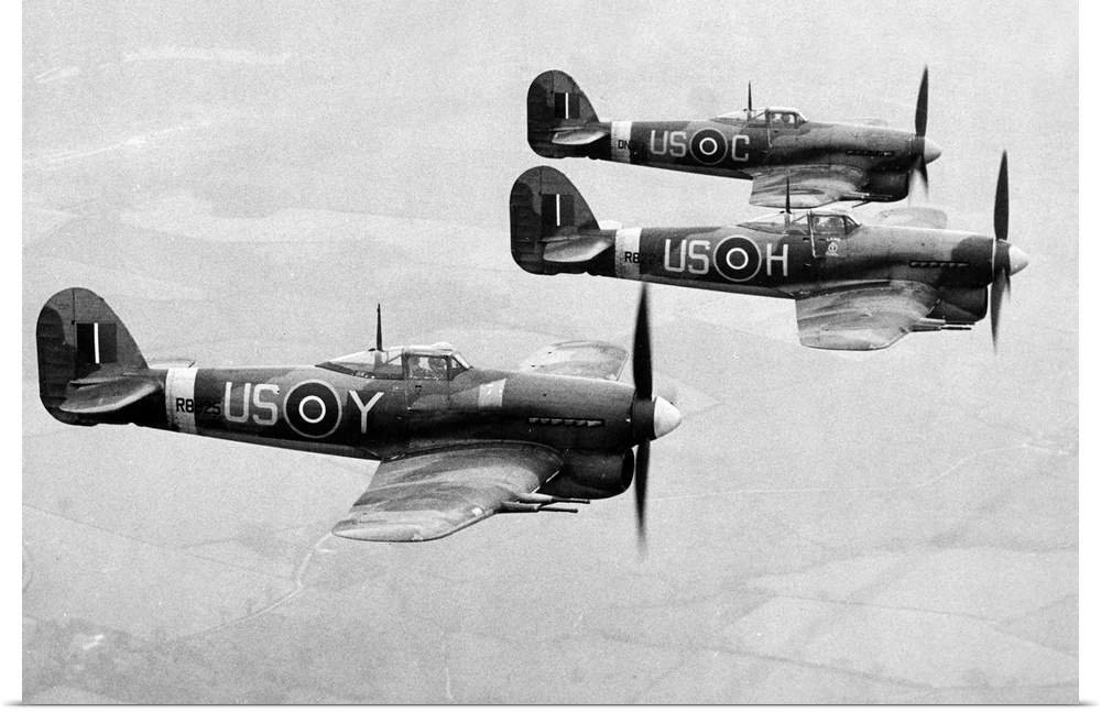 Three Hawker Typhoon fighter aircrafts of the British Royal Air Force, 1943.