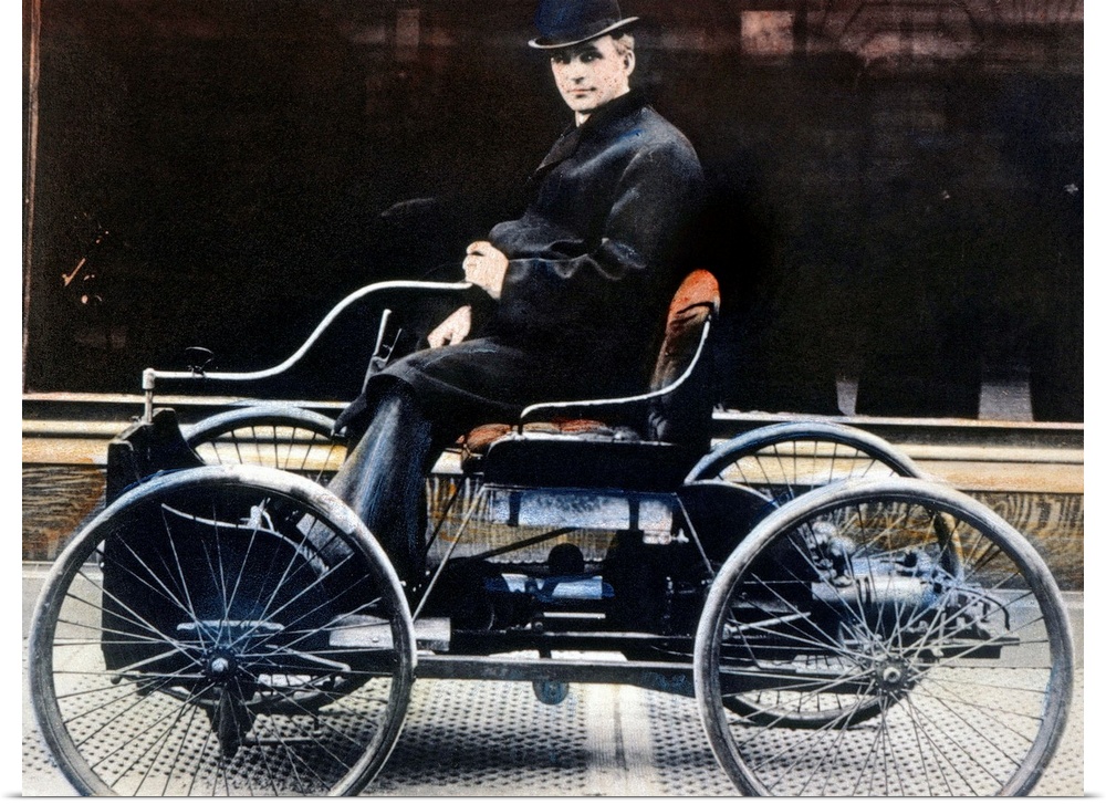 American automobile manufacturer. Ford in 1896 with the first Ford automobile. Oil over a photograph.