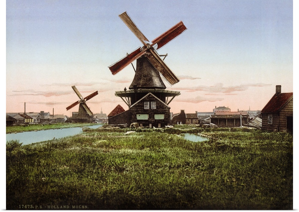 Holland, Windmill. Scenic View Two Windmills In Holland. Photochrome Print, C1890-1900.