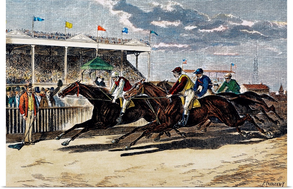 Racing at the Brighton Beach Fair Grounds in Brooklyn, New York. Line engraving, American, 1879, after a drawing by Paul F...