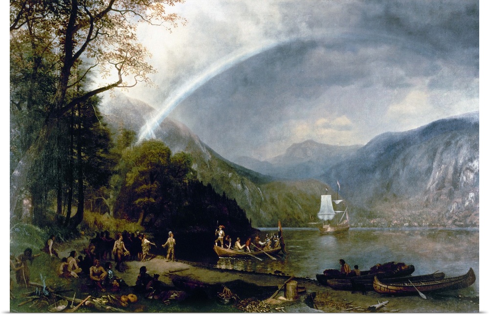 The Discovery of the Hudson River by English navigator Henry Hudson in the 'Half Moon,' 1609. Oil on canvas by Albert Bier...