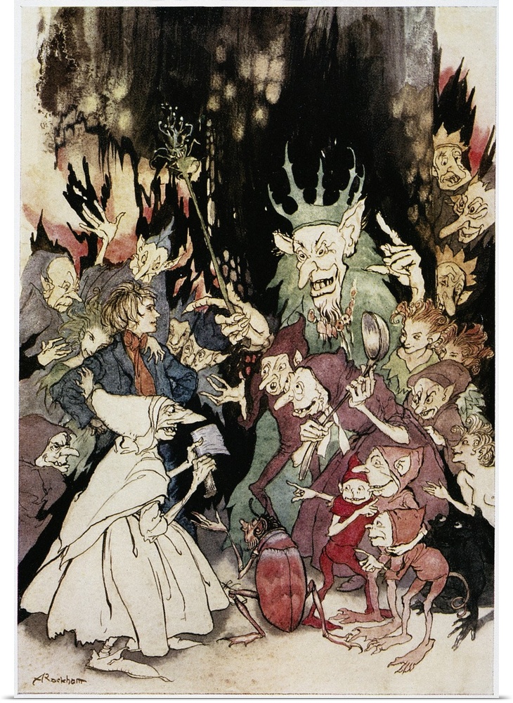 Peer before the King of the Trolls. Illustration by Arthur Rackham (1867-1939) for an edition of Henrik Ibsen's 'Peer Gynt'.