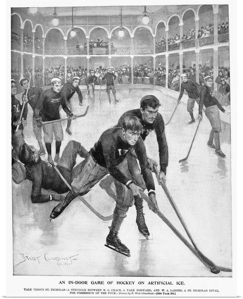 'An in-door game of hockey on artificial ice.' Yale vs St. Nicholas at the St. Nicholas Skating Club on West 66th Street, ...