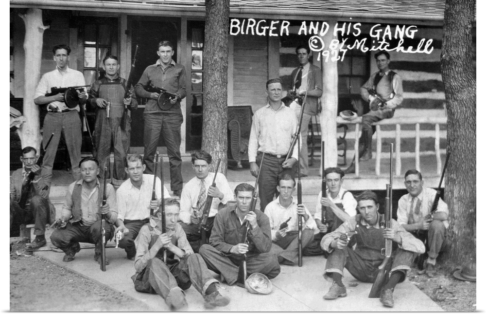 A portrait on a postcard of 'Birger and His Boys,' an American gang lead by Charlie Birger that operated in southern Illin...