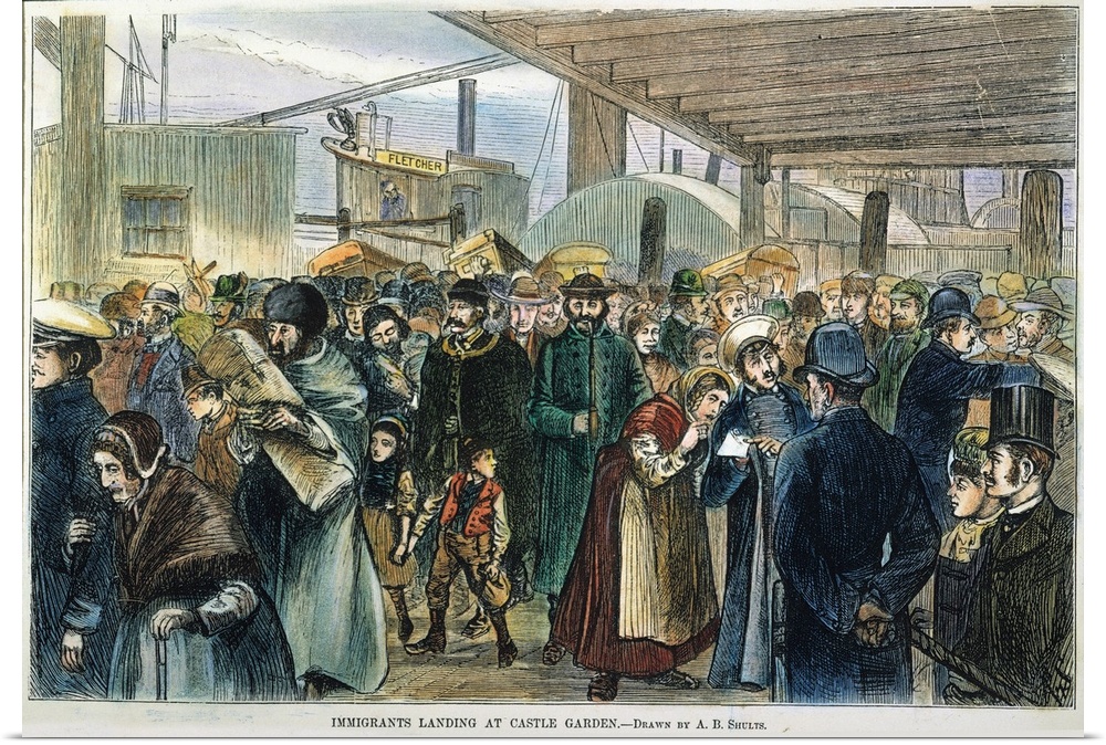 Immigrants landing at Castle Garden, New York City 1880. Contemporary colored engraving.