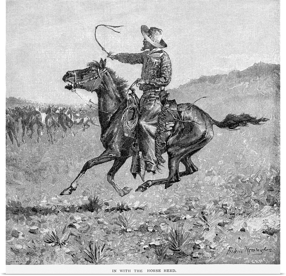 In With the Horse Herd. Wood Engraving, 1888, After A Drawing By Frederic Remington (1861-1908).