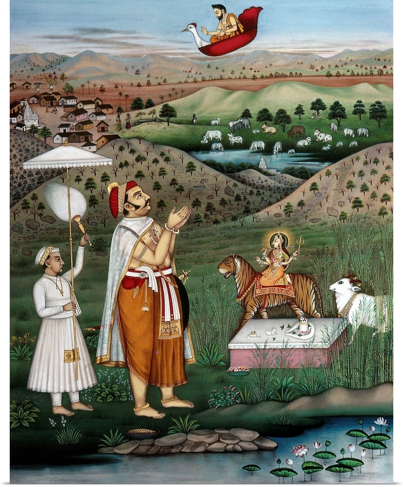 India, Nobleman. A Nobleman Of Udaipur Encountering Hindu Dieties. Indian Miniature Painting.