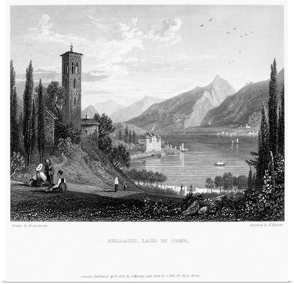 Italy, Bellagio, 1832. Lake Como (Lago Di Como) In Bellagio, Italy. Steel Engraving, English, 1832.