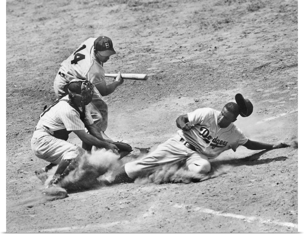 John Roosevelt Robinson, known as Jackie. American baseball player. As a member of the Brooklyn Dodgers, stealing home und...