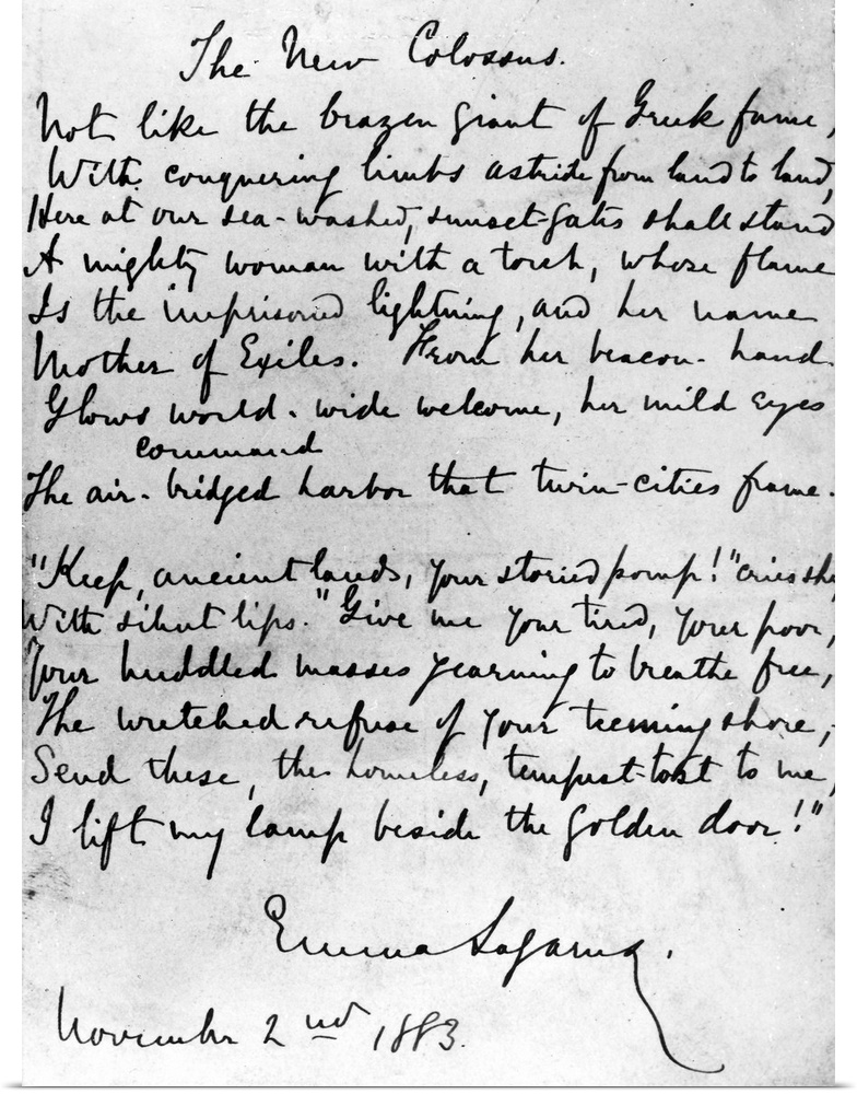Autograph manuscript, 1883, of 'The New Colossus, a sonnet by American poet Emma Lazarus, the final lines of which were in...