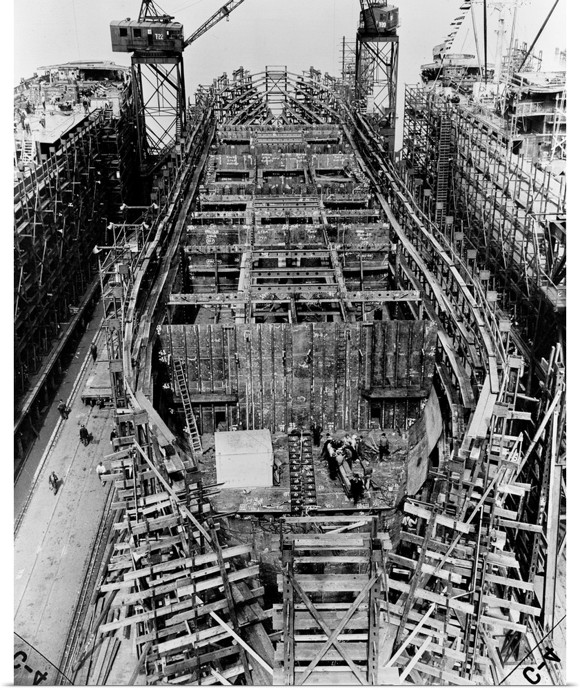 A Liberty Ship under construction at the Bethlehem-Fairfield shipyard in Baltimore, Maryland. Photograph, April 1943.