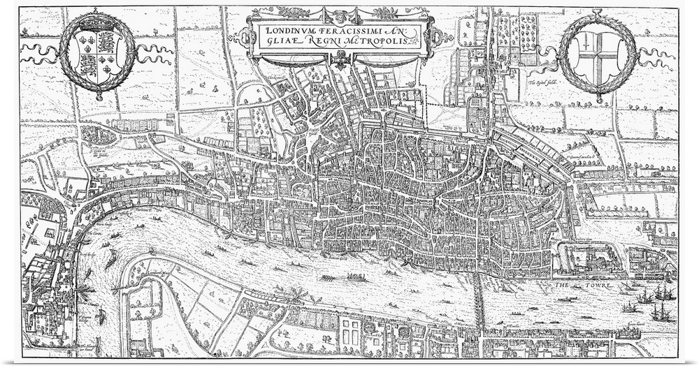 London, Map, 1575. Engraved Map Of London, England, 1575.